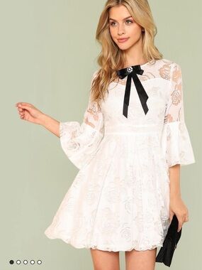SHEIN White Floral Lace Mini Dress with Black Bow